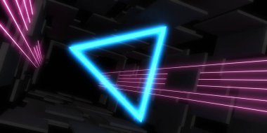 Üç boyutlu soyut arkaplan ve neon ışıkları. Neon tüneli. Uzay inşaatı. 3d illüstrasyon