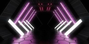 Üç boyutlu soyut arkaplan ve neon ışıkları. Neon tüneli. Uzay inşaatı. 3d illüstrasyon