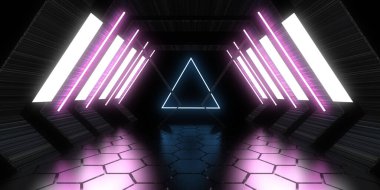 Üç boyutlu soyut arkaplan ve neon ışıkları. Neon tüneli. Uzay inşaatı. 3d illüstrasyon