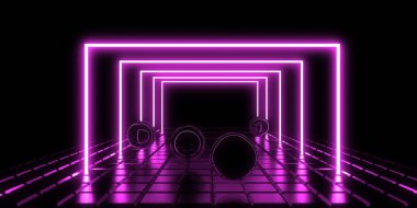 Üç boyutlu soyut arkaplan ve neon ışıkları. Neon tüneli. Uzay inşaatı. 3d illüstrasyon