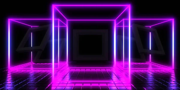 Abstract Background Neon Lights Neon Cubes Space Construction Illustration — Stockfoto