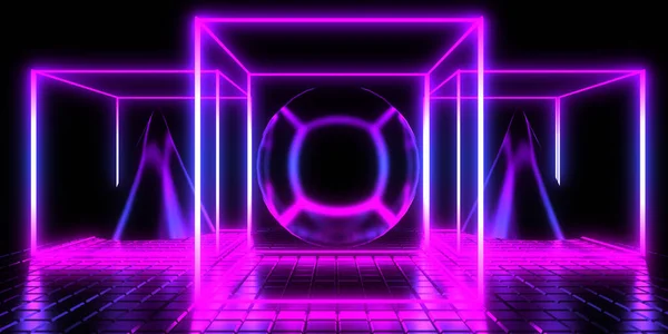 Abstract Background Neon Lights Neon Cubes Space Construction Illustration — стоковое фото