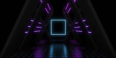 Üç boyutlu soyut arkaplan ve neon ışıkları. Neon tüneli. Uzay inşaatı. 3d illüstrasyon