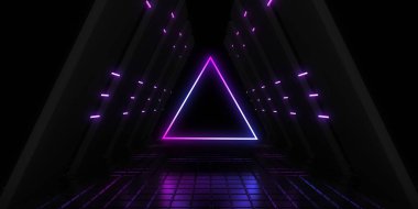 Üç boyutlu soyut arkaplan ve neon ışıkları. Neon tüneli. Uzay inşaatı. 3d illüstrasyon