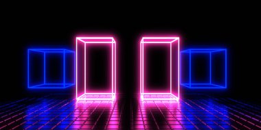 3D abstract background with neon lights. neon cubes.space construction . .3d illustration