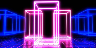 3D abstract background with neon lights. neon cubes.space construction . .3d illustration