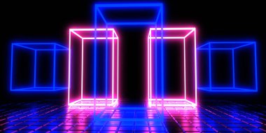3D abstract background with neon lights. neon cubes.space construction . .3d illustration