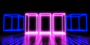 3D abstract background with neon lights. neon cubes.space construction . .3d illustration
