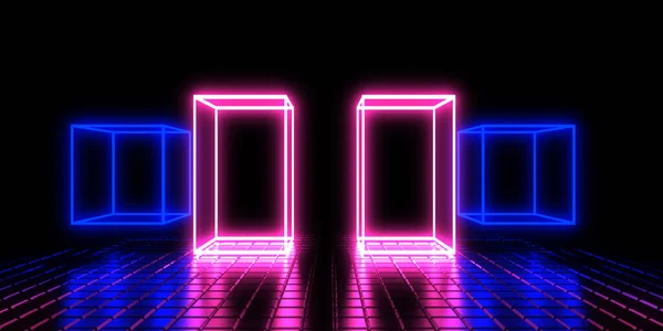 Abstract Background Neon Lights Neon Cubes Space Construction Illustration — Zdjęcie stockowe