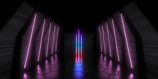 3D abstract background with neon lights. neon tunnel  .space construction . .3d illustration