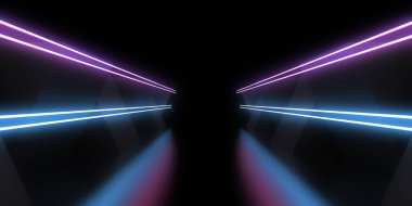 Üç boyutlu soyut arkaplan ve neon ışıkları. Neon tüneli. Uzay inşaatı. 3d illüstrasyon