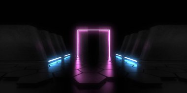 3D abstract background with neon lights. neon cubes.space construction . .3d illustration