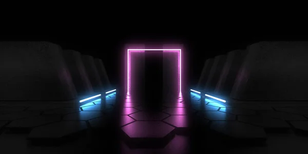 Abstract Background Neon Lights Neon Cubes Space Construction Illustration —  Fotos de Stock
