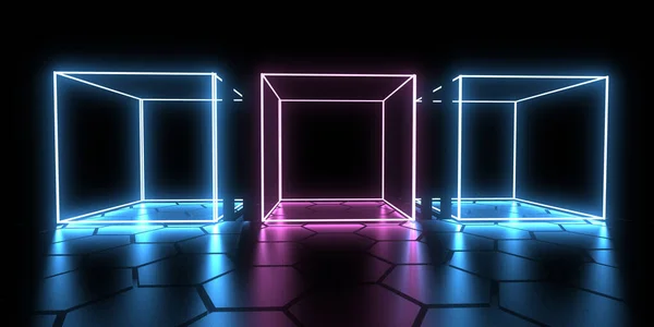 3D abstract background with neon lights. neon cubes.space construction . .3d illustration