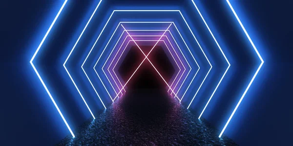 Fundo Abstrato Com Luzes Néon Neon Túnel Space Construção Ilustração — Fotografia de Stock