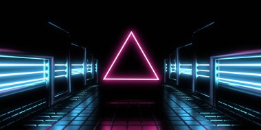 Üç boyutlu soyut arkaplan ve neon ışıkları. Neon tüneli. Uzay inşaatı. 3d illüstrasyon
