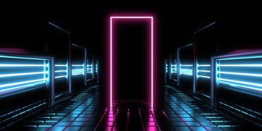 Üç boyutlu soyut arkaplan ve neon ışıkları. Neon tüneli. Uzay inşaatı. 3d illüstrasyon