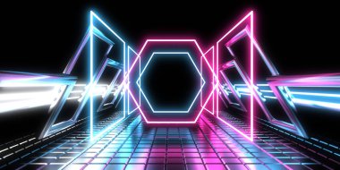 Üç boyutlu soyut arkaplan ve neon ışıkları. Neon tüneli. Uzay inşaatı. 3d illüstrasyon