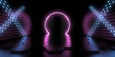 Üç boyutlu soyut arkaplan ve neon ışıkları. Neon tüneli. Uzay inşaatı. 3d illüstrasyon