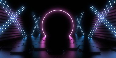 Üç boyutlu soyut arkaplan ve neon ışıkları. Neon tüneli. Uzay inşaatı. 3d illüstrasyon