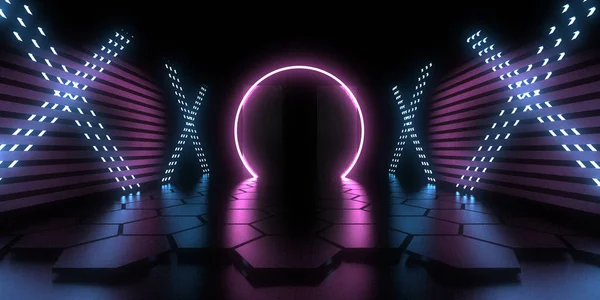 Latar Belakang Abstrak Dengan Lampu Neon Neon Terowongan Space Konstruksi — Stok Foto
