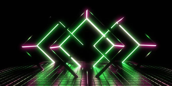 Abstract Background Neon Lights Neon Cubes Space Construction Illustration — Stock Photo, Image