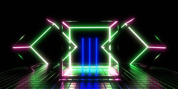 Abstract Background Neon Lights Neon Cubes Space Construction Illustration — Stock Photo, Image