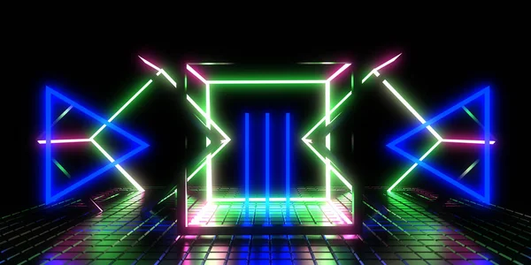 Abstract Background Neon Lights Neon Cubes Space Construction Illustration — Φωτογραφία Αρχείου