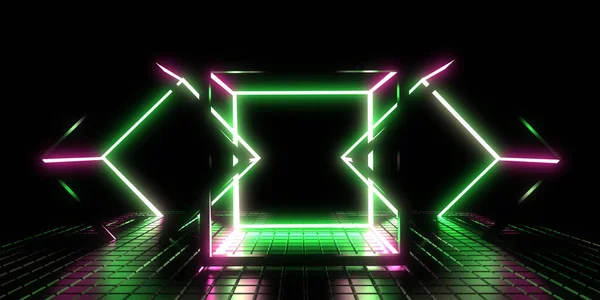 Abstract Background Neon Lights Neon Cubes Space Construction Illustration — Stock Fotó