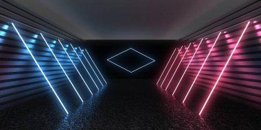 Üç boyutlu soyut arkaplan ve neon ışıkları. Neon tüneli. Uzay inşaatı. 3d illüstrasyon