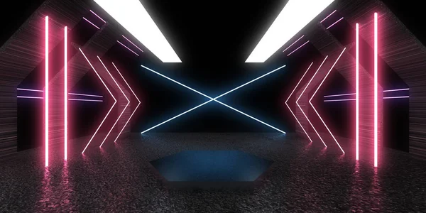 3D abstract background with neon lights. neon tunnel  .space construction . .3d illustration