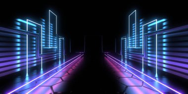 Üç boyutlu soyut arkaplan ve neon ışıkları. Neon tüneli. Uzay inşaatı. 3d illüstrasyon