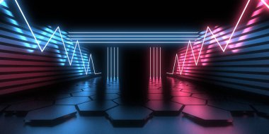 Üç boyutlu soyut arkaplan ve neon ışıkları. Neon tüneli. Uzay inşaatı. 3d illüstrasyon