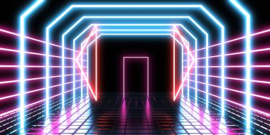 Üç boyutlu soyut arkaplan ve neon ışıkları. Neon tüneli. Uzay inşaatı. 3d illüstrasyon
