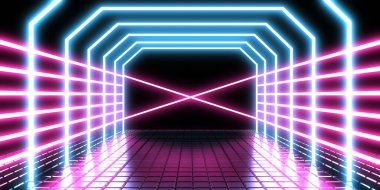 Üç boyutlu soyut arkaplan ve neon ışıkları. Neon tüneli. Uzay inşaatı. 3d illüstrasyon