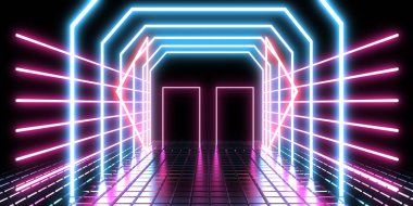 Üç boyutlu soyut arkaplan ve neon ışıkları. Neon tüneli. Uzay inşaatı. 3d illüstrasyon