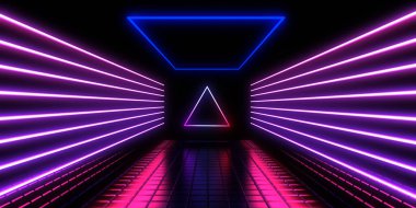 Üç boyutlu soyut arkaplan ve neon ışıkları. Neon tüneli. Uzay inşaatı. 3d illüstrasyon