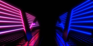 Üç boyutlu soyut arkaplan ve neon ışıkları. Neon tüneli. Uzay inşaatı. 3d illüstrasyon
