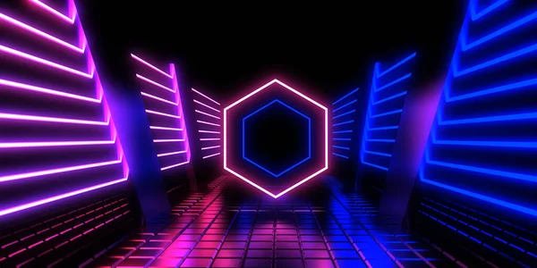 Abstract Background Neon Lights Neon Tunnel Space Construction Illustration — Stock Photo, Image