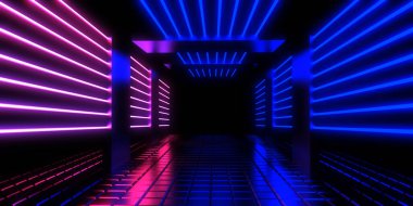 Üç boyutlu soyut arkaplan ve neon ışıkları. Neon tüneli. Uzay inşaatı. 3d illüstrasyon