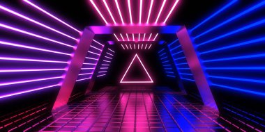 Üç boyutlu soyut arkaplan ve neon ışıkları. Neon tüneli. Uzay inşaatı. 3d illüstrasyon