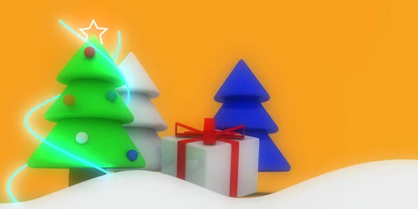 3d illustration of Christmas trees. Holiday elements isolated on green background.