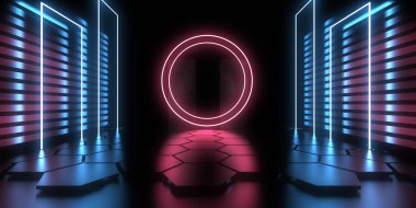 Üç boyutlu soyut arkaplan ve neon ışıkları. Neon tüneli. Uzay inşaatı. 3d illüstrasyon