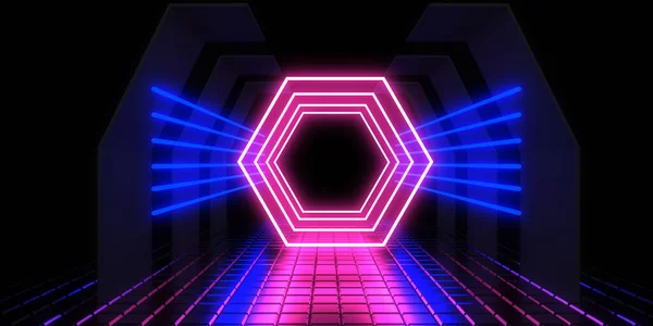 Abstract Background Neon Lights Neon Tunnel Space Construction Illustration — Stock Photo, Image