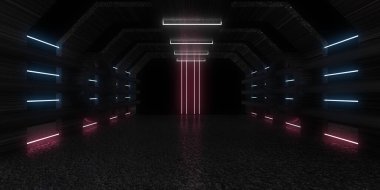 Üç boyutlu soyut arkaplan ve neon ışıkları. Neon tüneli. Uzay inşaatı. 3d illüstrasyon