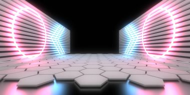 Üç boyutlu soyut arkaplan ve neon ışıkları. Neon tüneli. Uzay inşaatı. 3d illüstrasyon