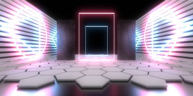 Üç boyutlu soyut arkaplan ve neon ışıkları. Neon tüneli. Uzay inşaatı. 3d illüstrasyon