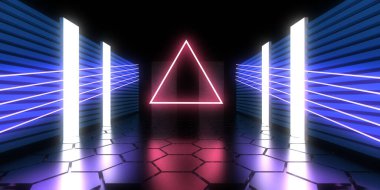Üç boyutlu soyut arkaplan ve neon ışıkları. Neon tüneli. Uzay inşaatı. 3d illüstrasyon