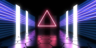 Üç boyutlu soyut arkaplan ve neon ışıkları. Neon tüneli. Uzay inşaatı. 3d illüstrasyon