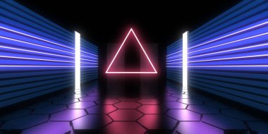 Üç boyutlu soyut arkaplan ve neon ışıkları. Neon tüneli. Uzay inşaatı. 3d illüstrasyon